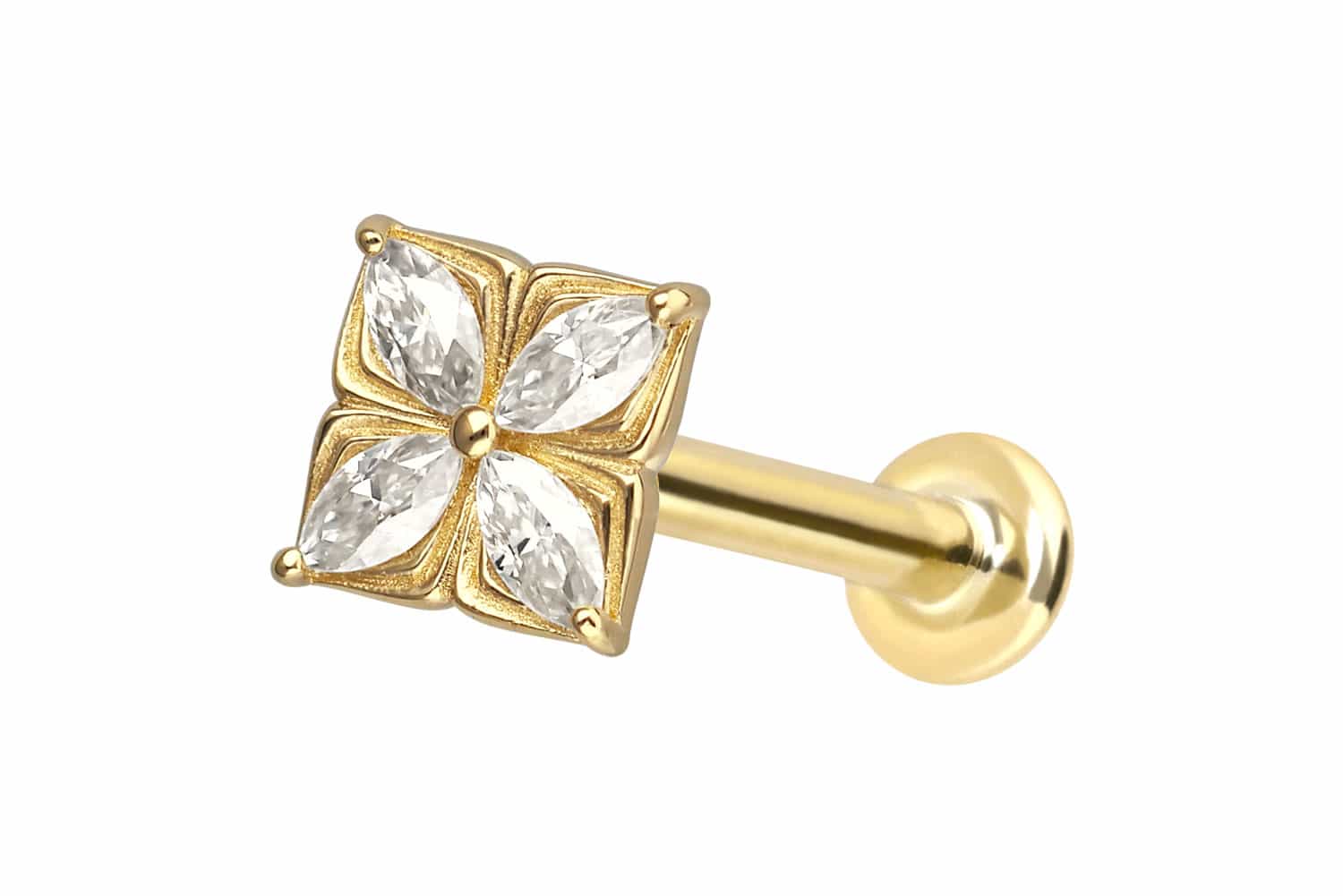 14 Karat Gold Labret Piercing mit Push Fit MOISSANIT-BLUME